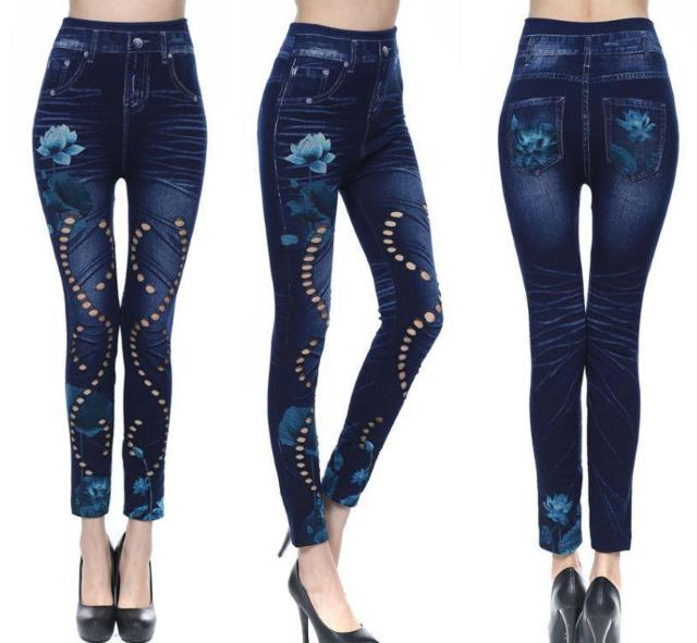 送料無料 レディース 青い花 切り抜き柄 デニム風 レギンス パンツ レギパン < 女性ファッション  送料無料 レディース 青い花 切り抜き柄 デニム風 レギンス パンツ レギパン < 女性ファッションの