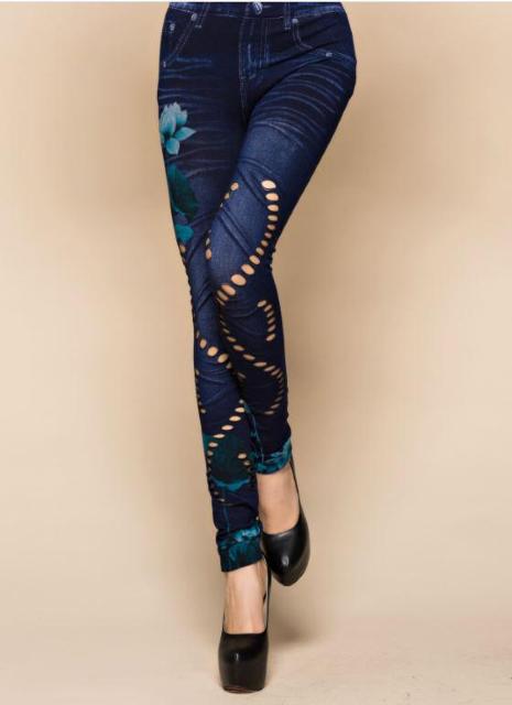 送料無料 レディース 青い花 切り抜き柄 デニム風 レギンス パンツ レギパン < 女性ファッション  送料無料 レディース 青い花 切り抜き柄 デニム風 レギンス パンツ レギパン < 女性ファッションの