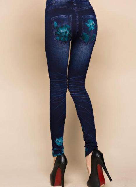 送料無料 レディース 青い花 切り抜き柄 デニム風 レギンス パンツ レギパン < 女性ファッション  送料無料 レディース 青い花 切り抜き柄 デニム風 レギンス パンツ レギパン < 女性ファッションの