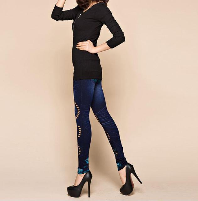 送料無料 レディース 青い花 切り抜き柄 デニム風 レギンス パンツ レギパン < 女性ファッション  送料無料 レディース 青い花 切り抜き柄 デニム風 レギンス パンツ レギパン < 女性ファッションの