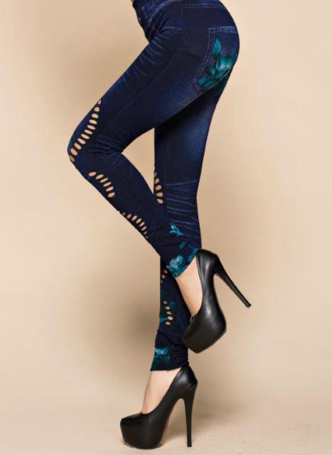 送料無料 レディース 青い花 切り抜き柄 デニム風 レギンス パンツ レギパン < 女性ファッション  送料無料 レディース 青い花 切り抜き柄 デニム風 レギンス パンツ レギパン < 女性ファッションの