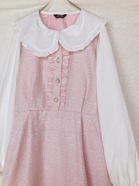 ツイード フリル 丸えり パールボタン 長袖 フレア ワンピース ピンク N2m < 女性ファッション  ツイード フリル 丸えり パールボタン 長袖 フレア ワンピース ピンク N2m < 女性ファッションの