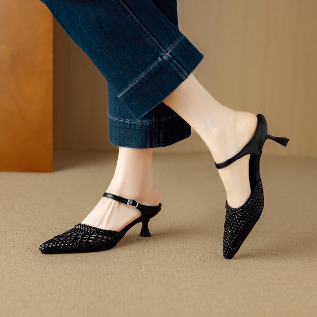 ポインテッドトゥ編みハラコレザーサンダルスリッパ全3色 < 女性ファッション  ポインテッドトゥ編みハラコレザーサンダルスリッパ全3色 < 女性ファッションの