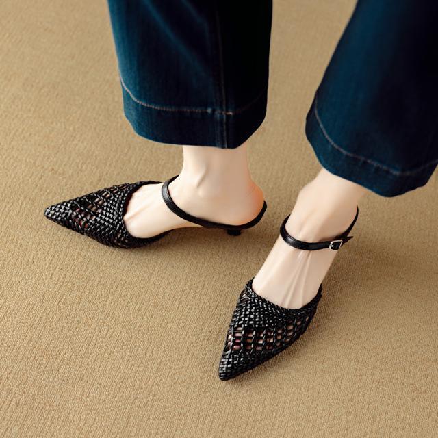 ポインテッドトゥ編みハラコレザーサンダルスリッパ全3色 < 女性ファッション  ポインテッドトゥ編みハラコレザーサンダルスリッパ全3色 < 女性ファッションの