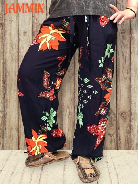 バタフライ柄ゆるめパンツ ネイビー アジアン エスニック ヒッピー < 女性ファッション バタフライ柄ゆるめパンツ ネイビー アジアン エスニック ヒッピー < 女性ファッションの