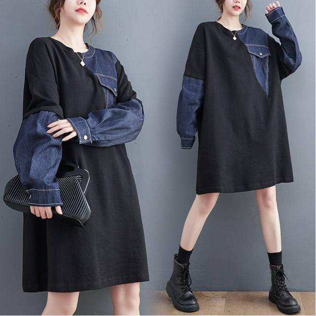 デニム切り替え チュニック トレーナー ブラック 大きいサイズ < 女性ファッション デニム切り替え チュニック トレーナー ブラック 大きいサイズ < 女性ファッションの