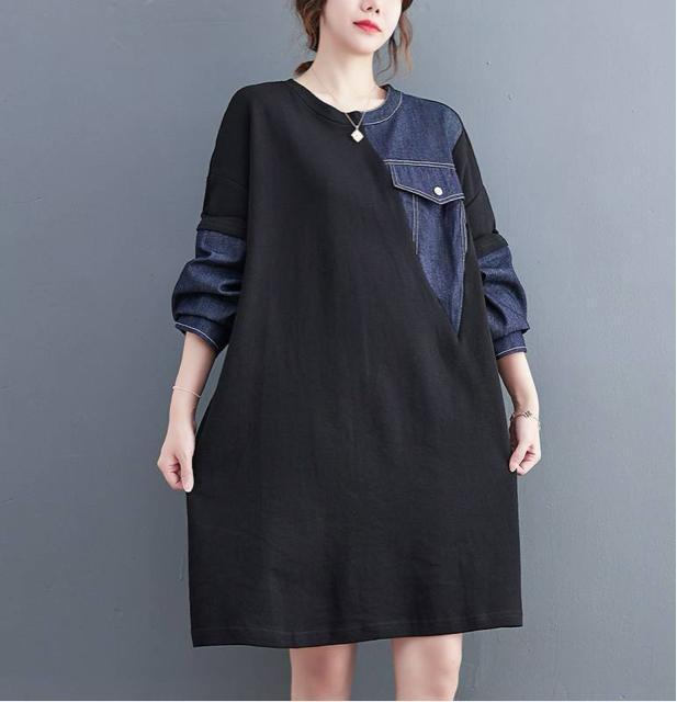 デニム切り替え チュニック トレーナー ブラック 大きいサイズ < 女性ファッション デニム切り替え チュニック トレーナー ブラック 大きいサイズ < 女性ファッションの