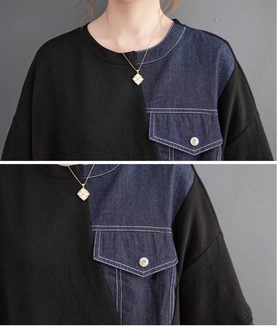 デニム切り替え チュニック トレーナー ブラック 大きいサイズ < 女性ファッション デニム切り替え チュニック トレーナー ブラック 大きいサイズ < 女性ファッションの