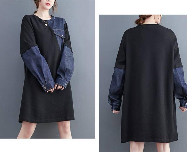 デニム切り替え チュニック トレーナー ブラック 大きいサイズ < 女性ファッション デニム切り替え チュニック トレーナー ブラック 大きいサイズ < 女性ファッションの