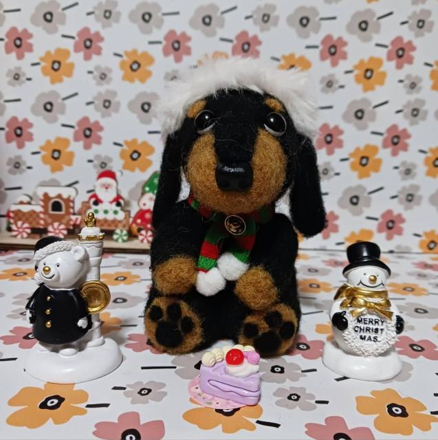 羊毛フェルト サンタ帽子の大き目ダックスちゃん ケーキ付き < ペット/手芸/園芸 羊毛フェルト サンタ帽子の大き目ダックスちゃん ケーキ付き < ペット/手芸/園芸の