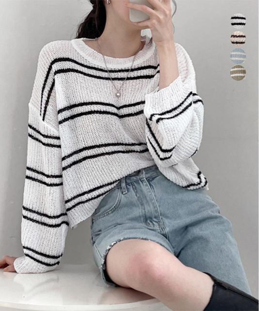 送料無料 新品 透かし編み ニットトップス ボーダー夏服 < 女性ファッション  送料無料 新品 透かし編み ニットトップス ボーダー夏服  < 女性ファッションの