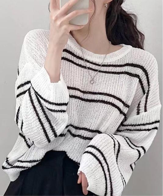 送料無料 新品 透かし編み ニットトップス ボーダー夏服 < 女性ファッション  送料無料 新品 透かし編み ニットトップス ボーダー夏服 < 女性ファッションの