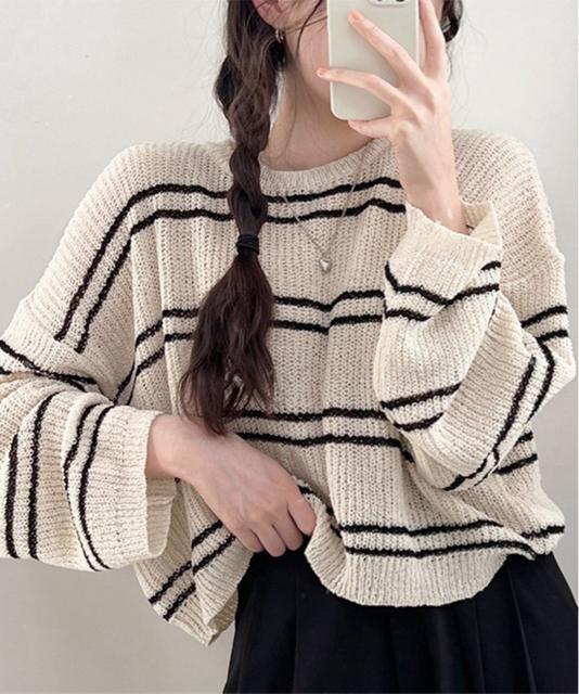 送料無料 新品 透かし編み ニットトップス ボーダー夏服 < 女性ファッション  送料無料 新品 透かし編み ニットトップス ボーダー夏服 < 女性ファッションの