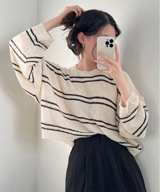 送料無料 新品 透かし編み ニットトップス ボーダー夏服 < 女性ファッション  送料無料 新品 透かし編み ニットトップス ボーダー夏服 < 女性ファッションの