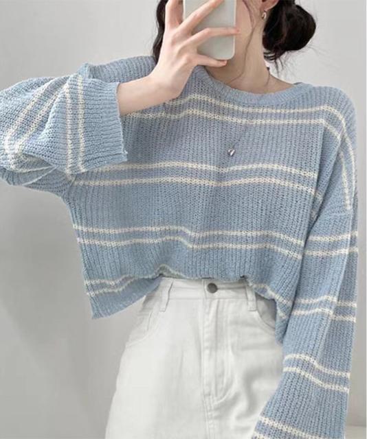 送料無料 新品 透かし編み ニットトップス ボーダー夏服 < 女性ファッション  送料無料 新品 透かし編み ニットトップス ボーダー夏服 < 女性ファッションの