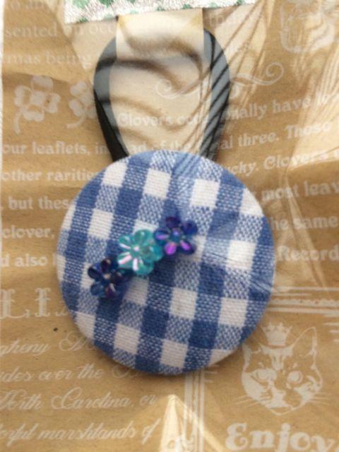 ハンドメイド ヘアゴム  特大 くるみボタン ブルー チェック < 女性ファッション  ハンドメイド ヘアゴム  特大 くるみボタン ブルー チェック < 女性ファッションの