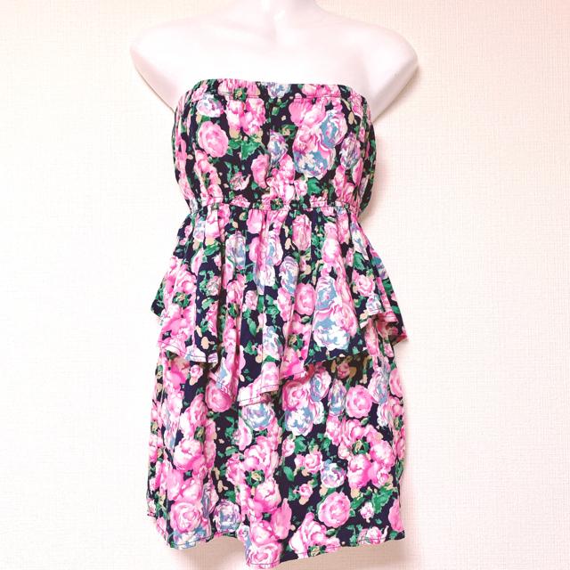 ネイビーピンクフラワーローズベアペプラムミニワンピースバラ < 女性ファッション ネイビーピンクフラワーローズベアペプラムミニワンピースバラ < 女性ファッションの