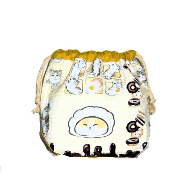 【底マチ幅が広い巾着】◆もふさんど◆猫のパン屋さん×黄無地◆裏地あり巾着 < 女性ファッション 【底マチ幅が広い巾着】◆もふさんど◆猫のパン屋さん×黄無地◆裏地あり巾着 < 女性ファッションの