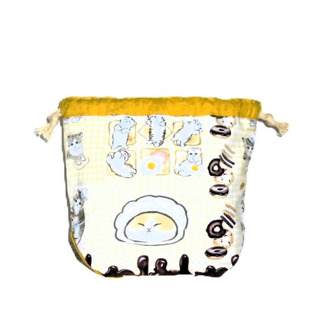 【底マチ幅が広い巾着】◆もふさんど◆猫のパン屋さん×黄無地◆裏地あり巾着 < 女性ファッション 【底マチ幅が広い巾着】◆もふさんど◆猫のパン屋さん×黄無地◆裏地あり巾着 < 女性ファッションの