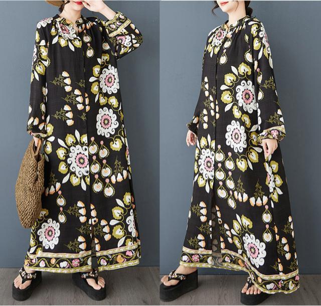 前開きマキシ丈 ワンピース 花柄 ロング丈 長袖 大きいサイズ < 女性ファッション  前開きマキシ丈 ワンピース 花柄 ロング丈 長袖 大きいサイズ  < 女性ファッションの