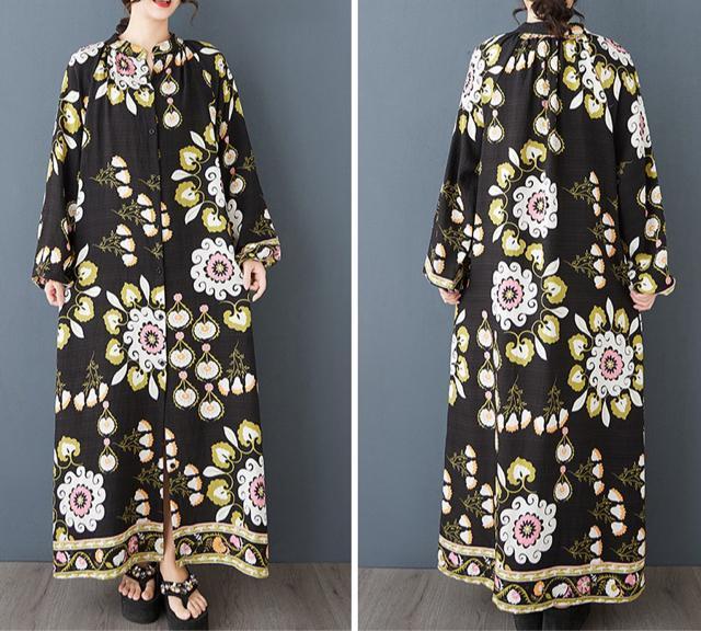 前開きマキシ丈 ワンピース 花柄 ロング丈 長袖 大きいサイズ < 女性ファッション  前開きマキシ丈 ワンピース 花柄 ロング丈 長袖 大きいサイズ < 女性ファッションの