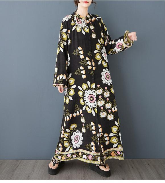 前開きマキシ丈 ワンピース 花柄 ロング丈 長袖 大きいサイズ < 女性ファッション  前開きマキシ丈 ワンピース 花柄 ロング丈 長袖 大きいサイズ < 女性ファッションの