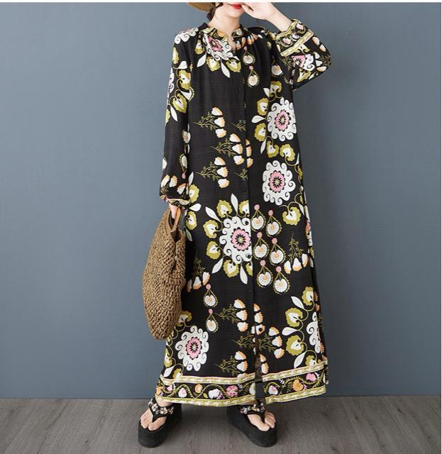 前開きマキシ丈 ワンピース 花柄 ロング丈 長袖 大きいサイズ < 女性ファッション  前開きマキシ丈 ワンピース 花柄 ロング丈 長袖 大きいサイズ < 女性ファッションの