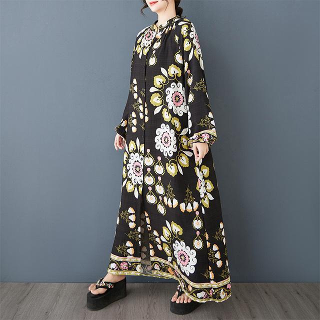 前開きマキシ丈 ワンピース 花柄 ロング丈 長袖 大きいサイズ < 女性ファッション  前開きマキシ丈 ワンピース 花柄 ロング丈 長袖 大きいサイズ < 女性ファッションの