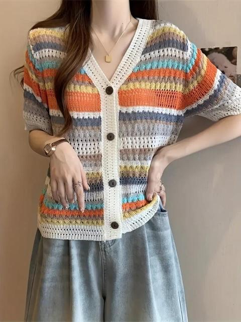 超お買い得1290円★トレンディな夏の半袖ホロトップ、ストライプのスタイリッシュなカーディガン日本サイズXL 白 < 女性ファッション  超お買い得1290円★トレンディな夏の半袖ホロトップ、ストライプのスタイリッシュなカーディガン日本サイズXL 白 < 女性ファッションの