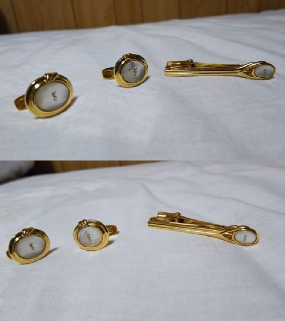 正規美 イヴサンローラン YSL シェルカフスボタン カフリンクス ネクタイピン SET オールド 付属有 < ブランド  正規美 イヴサンローラン YSL シェルカフスボタン カフリンクス ネクタイピン SET オールド 付属有 < ブランドの