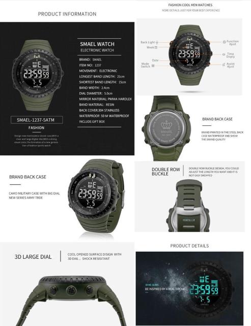 SMAEL 1237 デジタルスポーツウォッチ(アーミーグリーン) < 男性アクセサリー/時計  SMAEL 1237 デジタルスポーツウォッチ(アーミーグリーン) < 男性アクセサリー/時計の