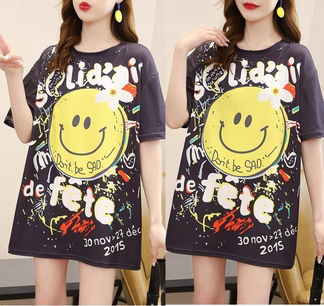 ゆったりtシャツ ロング スマイル柄 ブラック 大きいサイズ < 女性ファッション ゆったりtシャツ ロング スマイル柄 ブラック 大きいサイズ < 女性ファッションの