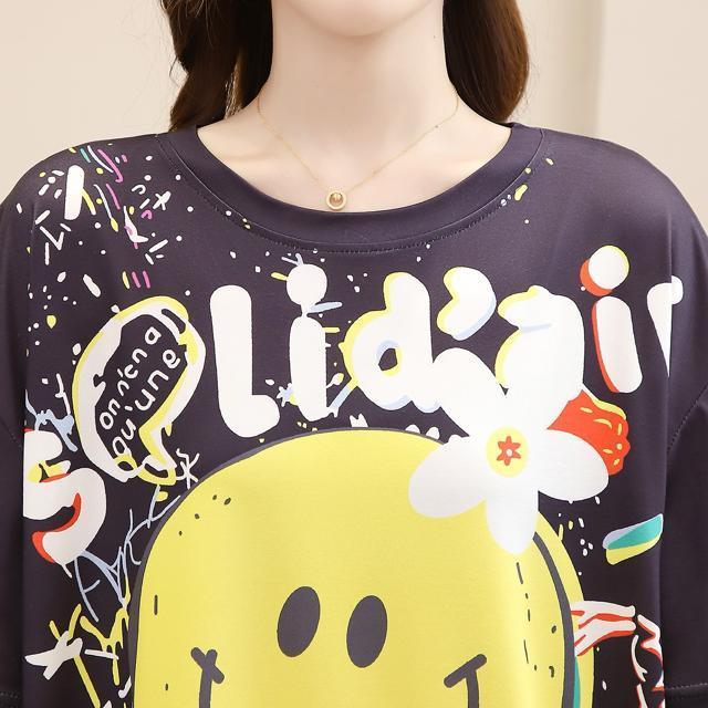 ゆったりtシャツ ロング スマイル柄 ブラック 大きいサイズ < 女性ファッション ゆったりtシャツ ロング スマイル柄 ブラック 大きいサイズ < 女性ファッションの