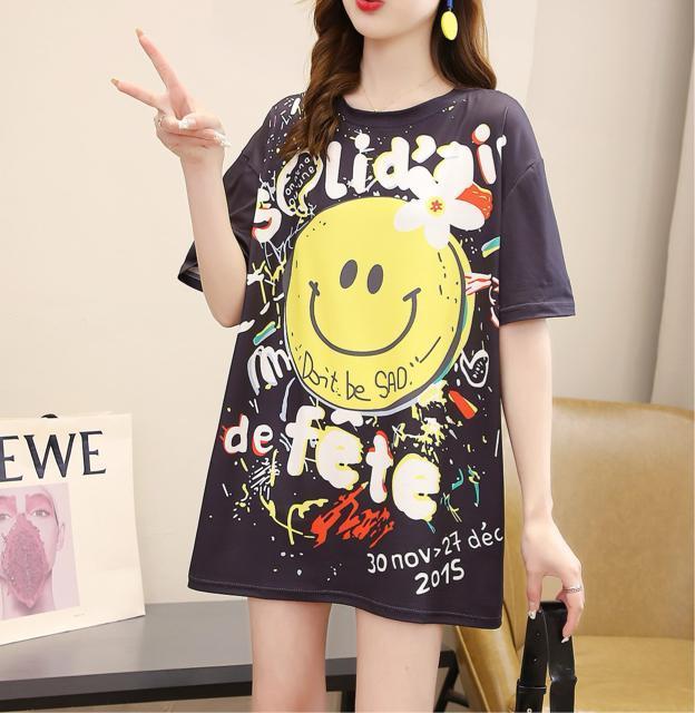 ゆったりtシャツ ロング スマイル柄 ブラック 大きいサイズ < 女性ファッション ゆったりtシャツ ロング スマイル柄 ブラック 大きいサイズ < 女性ファッションの