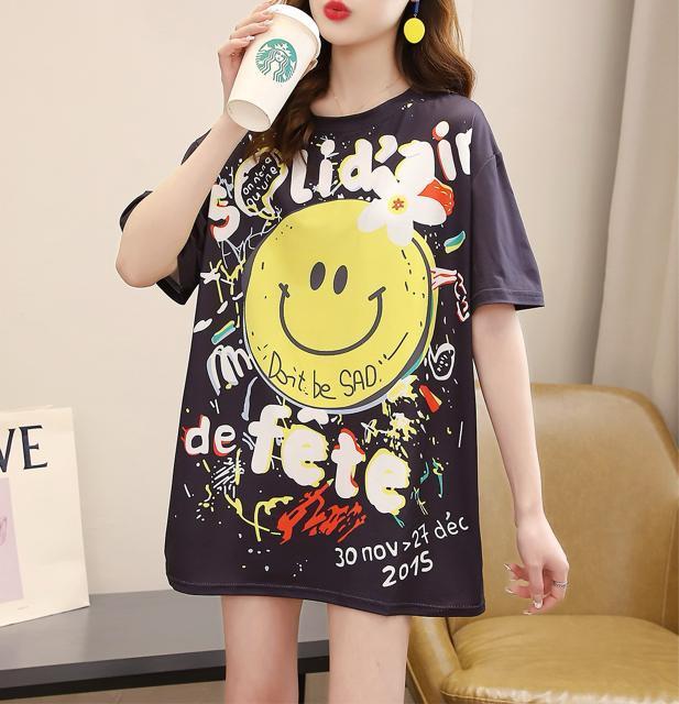 ゆったりtシャツ ロング スマイル柄 ブラック 大きいサイズ < 女性ファッション ゆったりtシャツ ロング スマイル柄 ブラック 大きいサイズ < 女性ファッションの