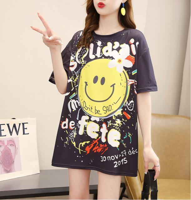 ゆったりtシャツ ロング スマイル柄 ブラック 大きいサイズ < 女性ファッション ゆったりtシャツ ロング スマイル柄 ブラック 大きいサイズ < 女性ファッションの