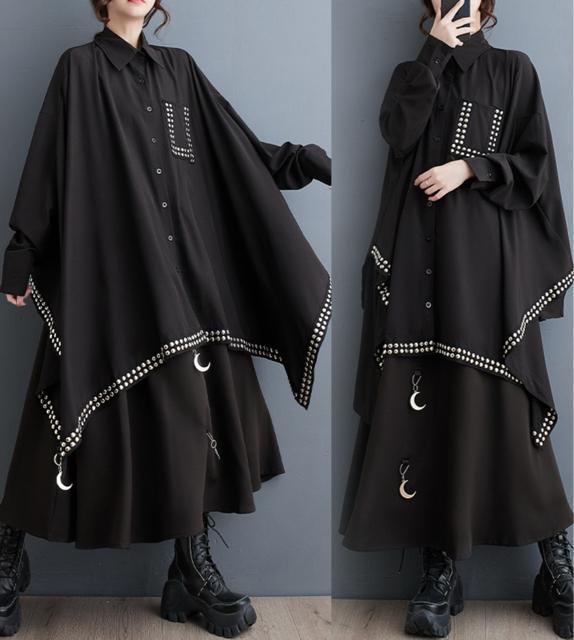 シャツ ブラウス 超ワイド スタッズ付き 不規則 ブラック 大きいサイズ < 女性ファッション シャツ ブラウス 超ワイド スタッズ付き 不規則 ブラック 大きいサイズ < 女性ファッションの