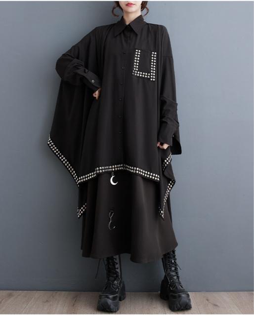 シャツ ブラウス 超ワイド スタッズ付き 不規則 ブラック 大きいサイズ < 女性ファッション シャツ ブラウス 超ワイド スタッズ付き 不規則 ブラック 大きいサイズ < 女性ファッションの