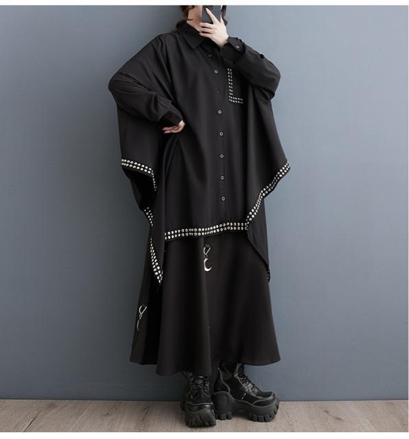 シャツ ブラウス 超ワイド スタッズ付き 不規則 ブラック 大きいサイズ < 女性ファッション シャツ ブラウス 超ワイド スタッズ付き 不規則 ブラック 大きいサイズ < 女性ファッションの