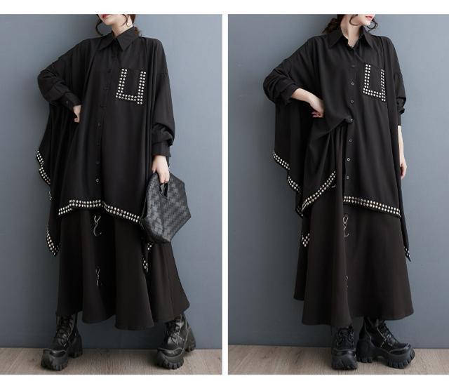 シャツ ブラウス 超ワイド スタッズ付き 不規則 ブラック 大きいサイズ < 女性ファッション シャツ ブラウス 超ワイド スタッズ付き 不規則 ブラック 大きいサイズ < 女性ファッションの