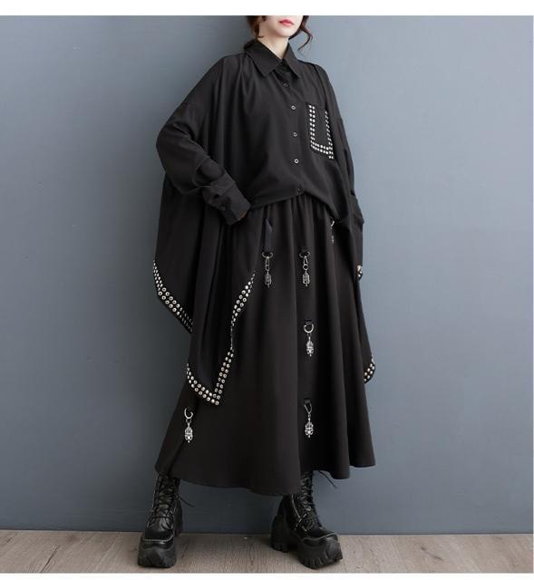 シャツ ブラウス 超ワイド スタッズ付き 不規則 ブラック 大きいサイズ < 女性ファッション シャツ ブラウス 超ワイド スタッズ付き 不規則 ブラック 大きいサイズ < 女性ファッションの