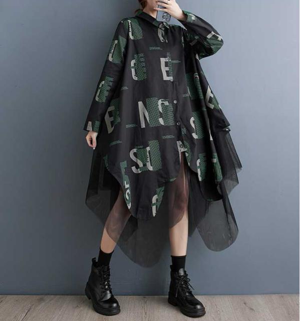 前開き レース重ね シャツワンピース 英字柄 大きいサイズ < 女性ファッション 前開き レース重ね シャツワンピース 英字柄 大きいサイズ < 女性ファッションの