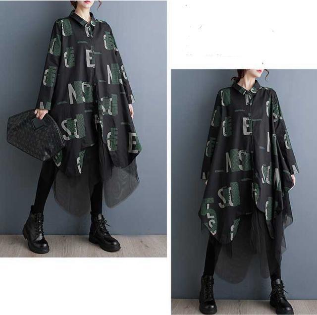 前開き レース重ね シャツワンピース 英字柄 大きいサイズ < 女性ファッション 前開き レース重ね シャツワンピース 英字柄 大きいサイズ < 女性ファッションの