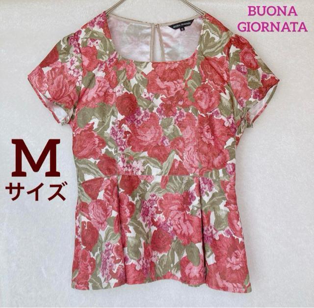 ボナジョルナータ 花柄 薔薇柄 ペプラム 半袖 トップス カットソー M N2m < ブランド ボナジョルナータ 花柄 薔薇柄 ペプラム 半袖 トップス カットソー M N2m < ブランドの