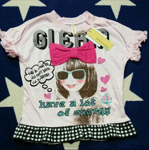 ☆TRIPLEMAGIC リボン装飾 ラメ ガールプリント Tシャツ新品95☆ < キッズ/ベビー ☆TRIPLEMAGIC リボン装飾 ラメ ガールプリント Tシャツ新品95☆ < キッズ/ベビーの
