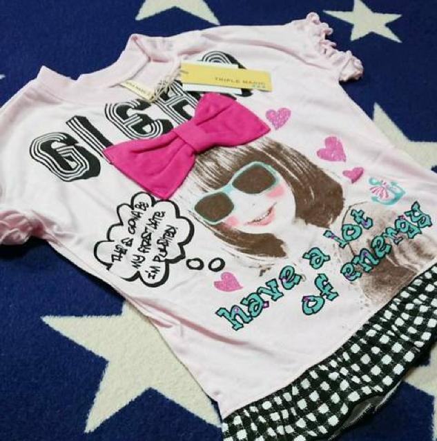 ☆TRIPLEMAGIC リボン装飾 ラメ ガールプリント Tシャツ新品95☆ < キッズ/ベビー ☆TRIPLEMAGIC リボン装飾 ラメ ガールプリント Tシャツ新品95☆ < キッズ/ベビーの