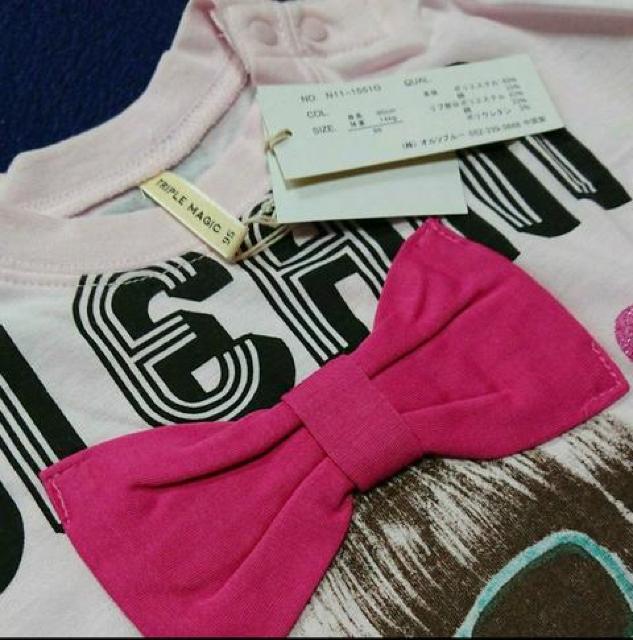 ☆TRIPLEMAGIC リボン装飾 ラメ ガールプリント Tシャツ新品95☆ < キッズ/ベビー ☆TRIPLEMAGIC リボン装飾 ラメ ガールプリント Tシャツ新品95☆ < キッズ/ベビーの