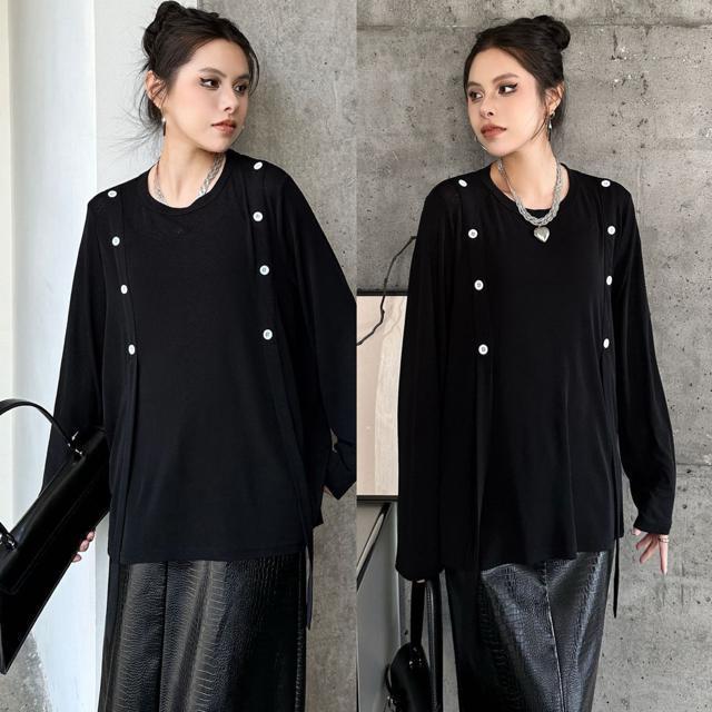 薄手 ニット カットソー  紐付きトップス スリット入り ブラック 大きいサイズ < 女性ファッション  薄手 ニット カットソー  紐付きトップス スリット入り ブラック 大きいサイズ  < 女性ファッションの