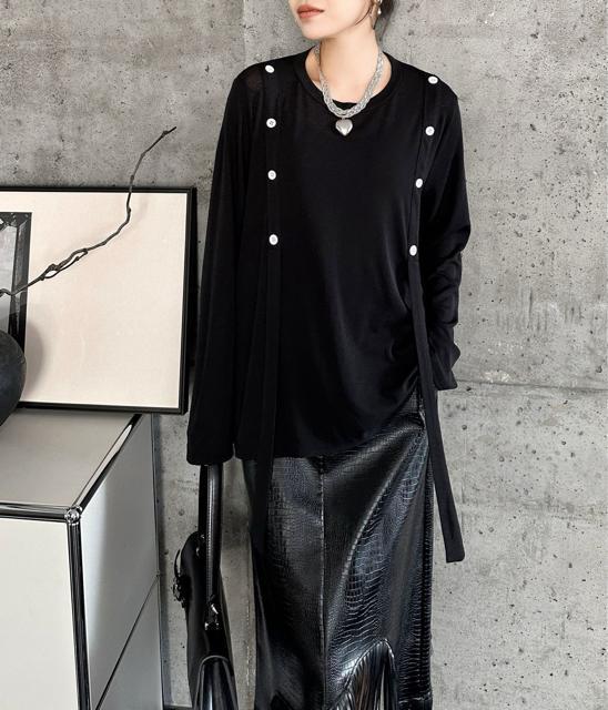 薄手 ニット カットソー  紐付きトップス スリット入り ブラック 大きいサイズ < 女性ファッション  薄手 ニット カットソー  紐付きトップス スリット入り ブラック 大きいサイズ < 女性ファッションの