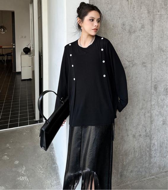 薄手 ニット カットソー  紐付きトップス スリット入り ブラック 大きいサイズ < 女性ファッション  薄手 ニット カットソー  紐付きトップス スリット入り ブラック 大きいサイズ < 女性ファッションの